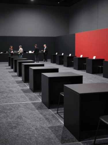 A wide horizontal shot of a bustling networking reception in a North American venue. The composition uses leading lines from minimalist black furniture. The color palette is strictly deep black, dark gray, and vibrant red, giving a sleek and modern feel.