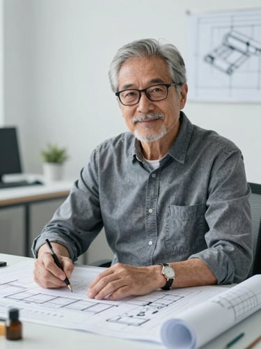 A professional portrait of a senior CAD draftsperson, crisp daylight, architectural office setting with drafting tools in the soft-focus background.