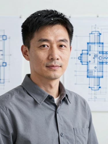 A professional portrait of a technical drawing specialist, cool studio lighting, clean background with schematic drawings in soft focus.