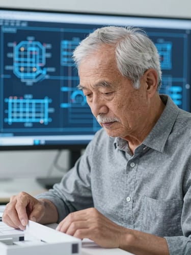 A professional portrait of a senior structural modeler in a bright studio, focused, technical background with CAD blueprints visible on a screen behind.