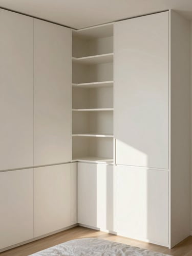 Interior view of a bedroom featuring built-in cabinetry in soft off-white. The space is flooded with natural light, emphasizing whitespace and a clean, editorial aesthetic.