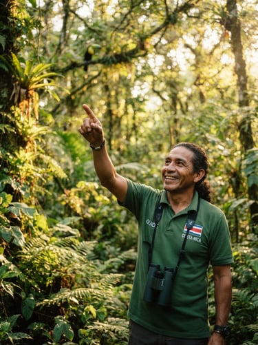 A local Costa Rican guide pointing toward the rainforest canopy, smiling, warm golden hour light filtering through leaves, 35mm photography