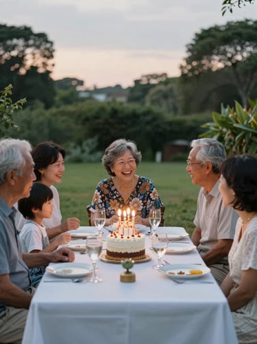 Multi-generational family gathering around an outdoor birthday table, soft ambient twilight, grandmother laughing with grandchild