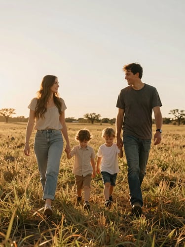 A family walking through a sun-drenched Texas field during golden hour, candid movement, warm natural light, unposed