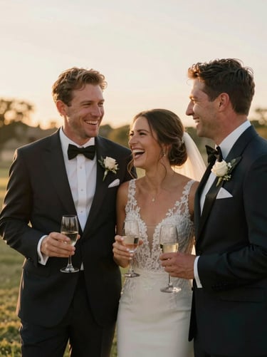 Candid medium shot of a bride and groom laughing during outdoor toasts under Texas golden hour light, warm tones, unposed emotion