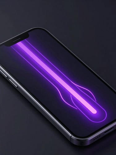 Sleek 3D render of a mobile game UI with realistic physics elements, vibrant neon purple trails on a dark screen, glassmorphism, isometric angle