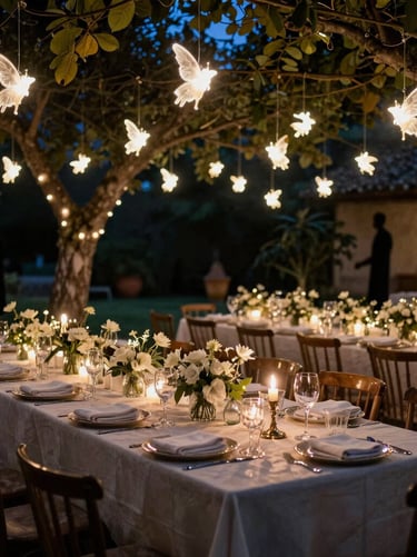 Gran plano angular de una mesa de banquete preparada para una boda en un jardín nocturno, miles de pequeñas luces de hadas suspendidas, siluetas oscuras de árboles, celebración española sofisticada.