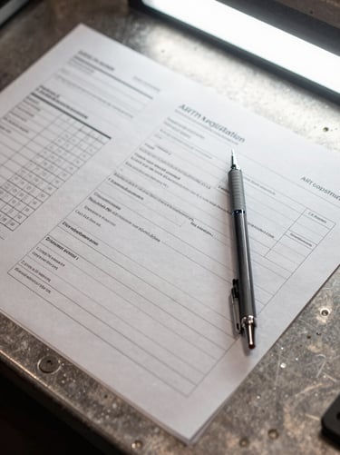 Overhead close-up of engineering paperwork on a metal workbench — ART registration form with CREA stamp visible, a mechanical pencil resting across the page, a load calculation printout beside it, clean white overhead lighting, no hands in frame