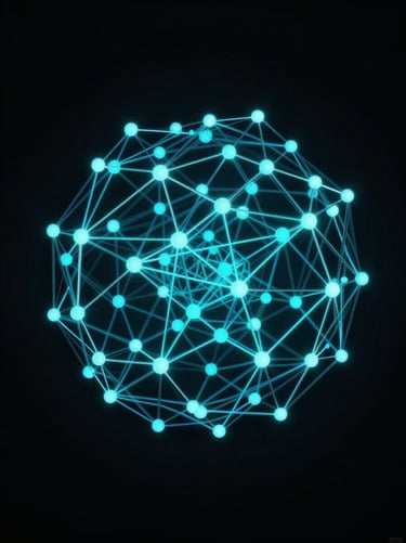 Abstract wireframe visualization of a neural network with glowing cyan nodes against a pitch black background, high-contrast