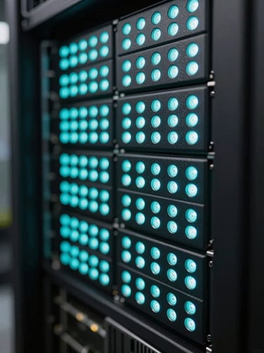 Macro close-up of high-density server rack telemetry lights glowing electric cyan in a dark data center, shallow depth of field