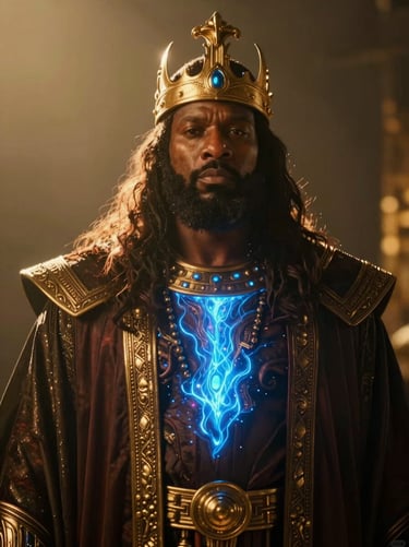 Cinematic character portrait of King Powhattan, dramatic rim lighting, golden hour, electric blue portal glow, rich dark tones, anamorphic lens.