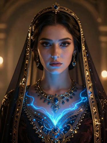 Cinematic character portrait of Queen Khalifia, dramatic rim lighting, golden hour, electric blue portal glow, rich dark tones, anamorphic lens.