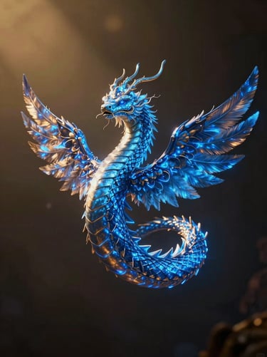 Cinematic digital illustration of Quetzalcōātl as a celestial feathered serpent of electric blue light, dramatic rim lighting, golden hour, rich dark tones, anamorphic lens.