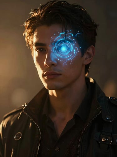 Cinematic character portrait of Amaru, dramatic rim lighting, golden hour, electric blue portal glow, rich dark tones, anamorphic lens.