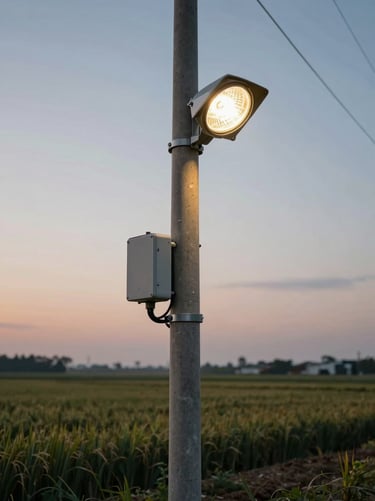 Low-angle shot of a pole-top street light controller mounted on a concrete utility pole at dusk, wiring harness visible, open agricultural fields stretching to the horizon, natural fading light