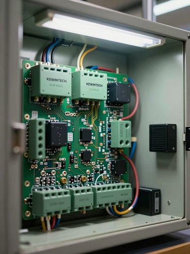 Close-up of a Kewintech control panel interior, PCB circuit board with labeled terminal blocks and relay modules, photographed under workshop fluorescent light, precise wiring in conduit visible