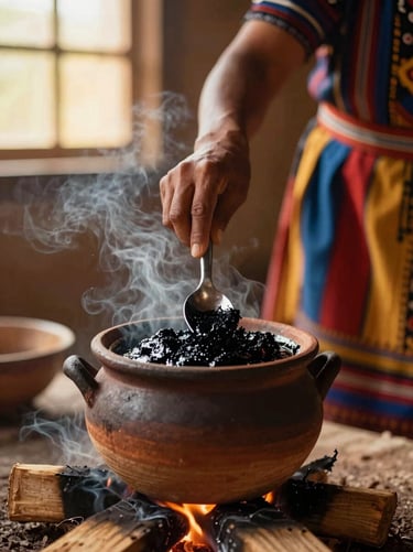 Hands of an indigenous woman stirring a rich, glossy black mole in a clay pot over an open wood fire, soft smoke, warm lighting.