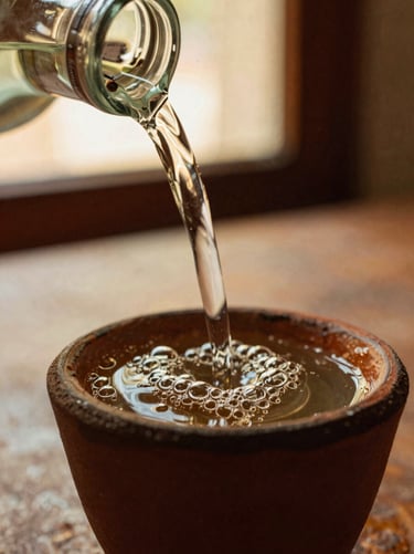 Extreme close-up of clear mezcal being poured into a traditional clay cup, showing the 'perlado' bubble ring, warm golden light, 35mm film.
