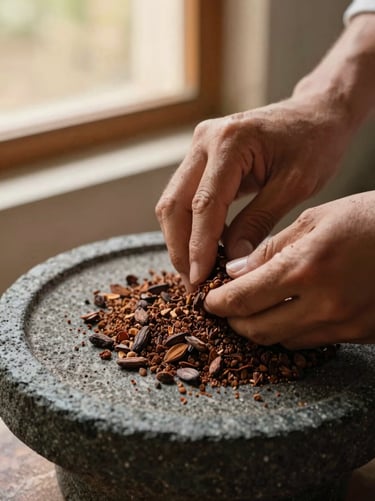 Coarse organic cacao nibs being ground on a volcanic stone metate, hands visible, textured grains, warm window light.