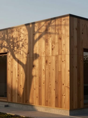 Warm architectural photography of a standalone custom wood house exterior, dramatic golden-hour light casting long shadows on oak panels, 35mm