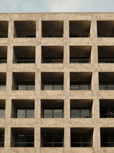 Warm architectural photography of a modern concrete apartment building facade, clean geometric grid pattern, soft overcast daylight, 35mm