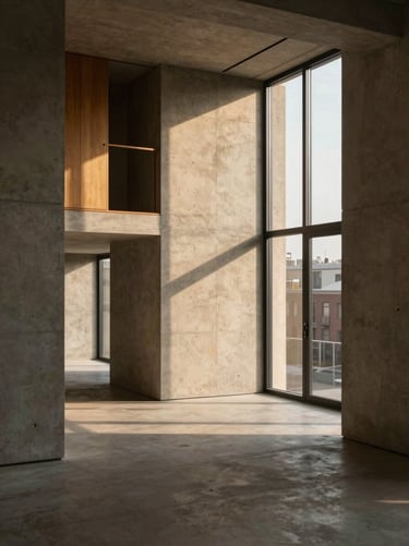 Warm architectural photography of a minimalist urban condo interior, concrete walls, custom joinery, natural light streaming through high windows, 35mm