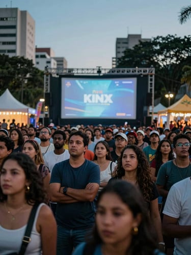 A vibrant audience gathered for an outdoor screening at the Kinox Festival in a South American / Brazilian city square, cinematic lighting with Pearl Mist and Ocean Slate hues.