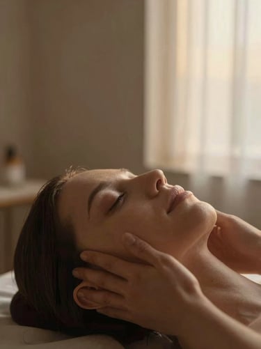 Serene face during facial massage, soft diffused golden-hour glow, rich muted earth tones, minimalist luxury.