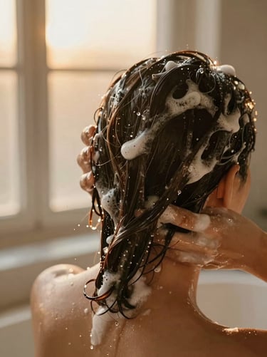 Close-up of slow-motion hair washing with botanical water, warm golden-hour light, shallow depth of field.