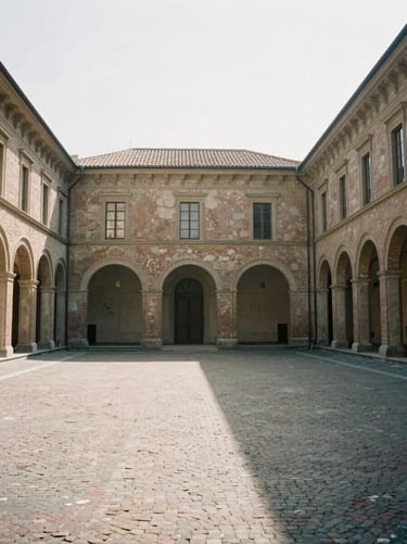 Sun-dappled ancient brick courtyard of an Italian university, soft shadows, classical academic architecture