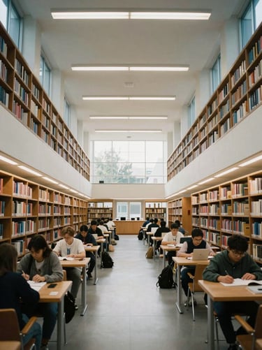 Symmetrical perspective of a modern university library interior, soft natural overhead light, students in focused study