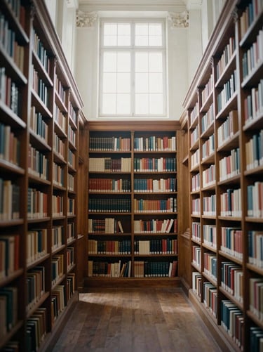 Symmetrical shot of a classical library interior with wooden bookshelves and soft diffused window light, European heritage