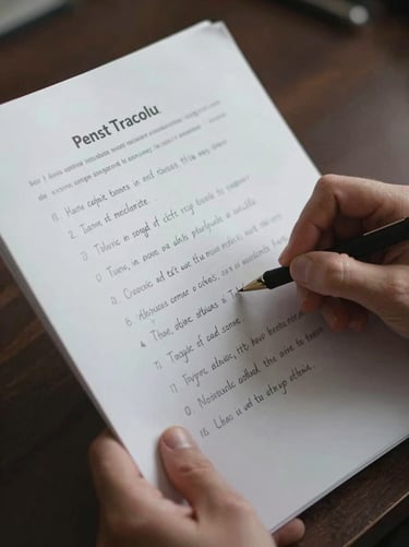 Close-up of hands holding an annotated script with handwritten notes, soft low-key lighting, shallow depth of field