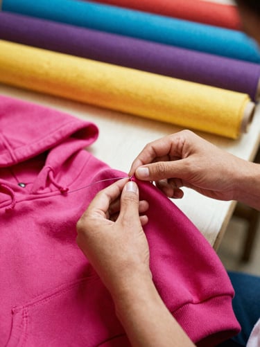 Close-up of hands carefully stitching a bright magenta dog hoodie in a warm, sunlit workshop in Celaya, colorful fabric rolls in the background