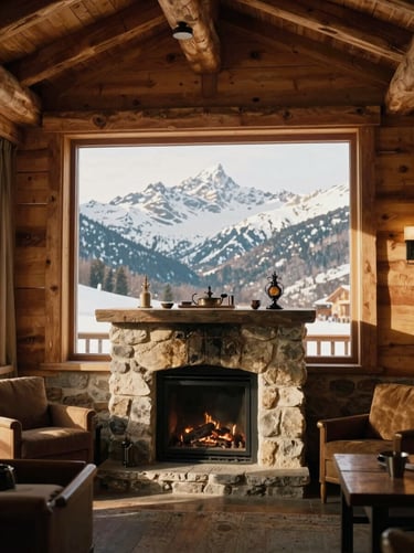 Warm wooden interior of a luxury alpine chalet, stone fireplace, panoramic window showing snowy mountain peaks, 35mm film aesthetic