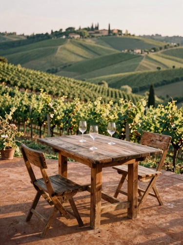 Earthy terracotta terrace overlooking rolling hills of Piedmont vineyards, rustic wooden table with wine glasses, golden hour, 35mm film aesthetic