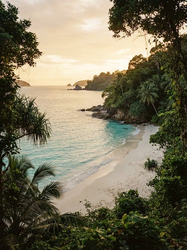 A quiet, empty sandy cove in the Andaman Islands, pristine turquoise water gently lapping the shore, lush green tropical foliage framing the scene, warm golden-hour light, 35mm film aesthetic