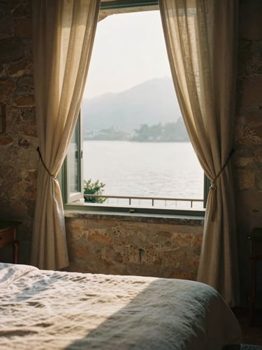 Intimate detail of a historic stone villa bedroom overlooking a misty Italian lake, linen drapes, warm morning light, 35mm film aesthetic