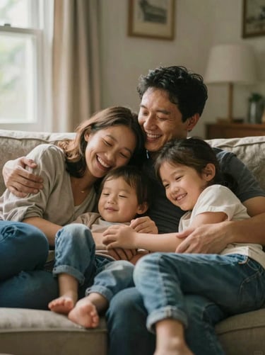 A cinematic shot of the whole family cuddled together on a sofa. The scene is filled with natural light and genuine laughter. The style is candid and documentary-like, highlighting real emotions in a sun-drenched environment.