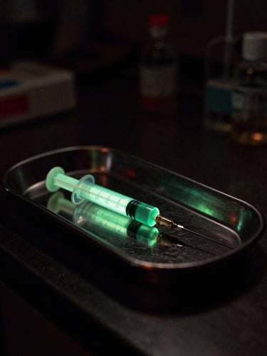 Dark cinematic film photography of a glowing green syringe on a metal tray in a dark laboratory, dramatic key light, deep shadows, 35mm grain.