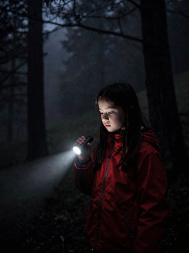 Dark cinematic film photography of a young girl holding a flashlight in a misty Swiss forest at night, deep shadows, high-contrast chiaroscuro, 35mm grain.
