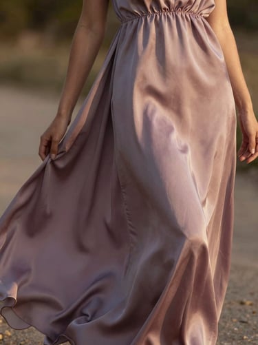 Flowing dusty mauve silk maxi dress catching soft diffused golden light in an outdoor setting.