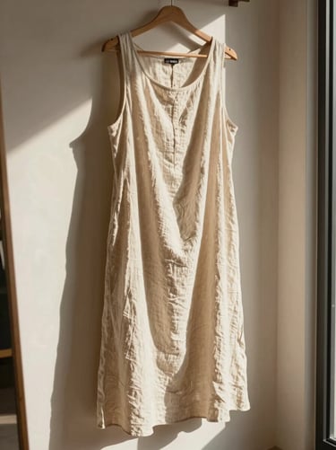 Draped casual bohemian dress in soft cream linen, hanging in a sunlit boutique corner, warm shadows.