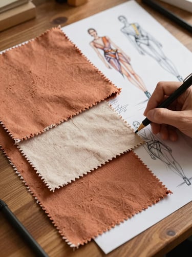 Terracotta-washed linen fabric swatches layered over hand-drawn fashion sketches on a wooden table.