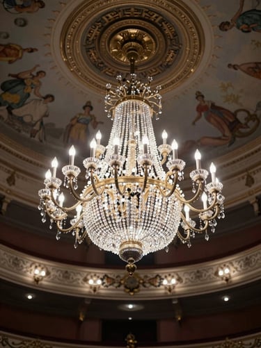 A low-angle shot of a grand chandelier in a historic theater, sparkling with light. The ceiling features classical frescoes. Palette includes #F5F0EC and #C8B8B8.