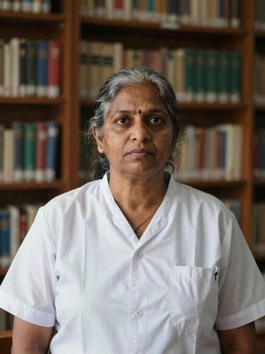Documentary portrait of a senior female researcher in Kerala, natural soft daylight, warm ambient library background, 35mm lens.