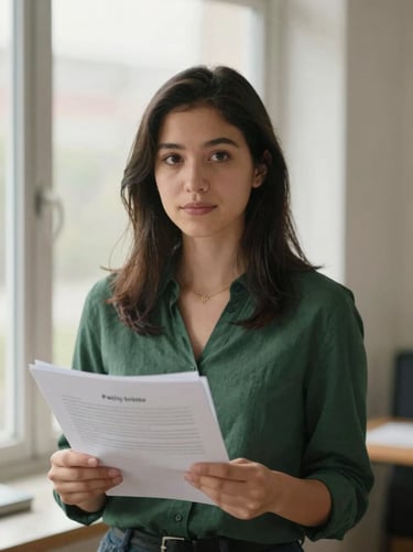Documentary portrait of a young female policy analyst, soft natural window light, holding a printed research document.