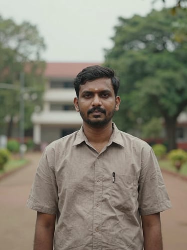 Documentary portrait of a male academic mediator in Kerala, soft overcast daylight, outdoor campus setting, muted earthy tones.
