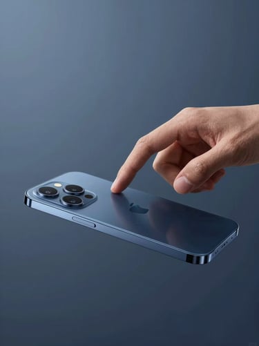 A minimalistic video thumbnail of a technology brand commercial. Clean composition featuring a hand interactng with a sleek device, soft studio lighting, and a palette of steel blue and dark navy.