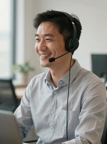 A professional UK advisor wearing a headset, smiling warmly in a bright and neutral office environment, medium shot, natural lighting.